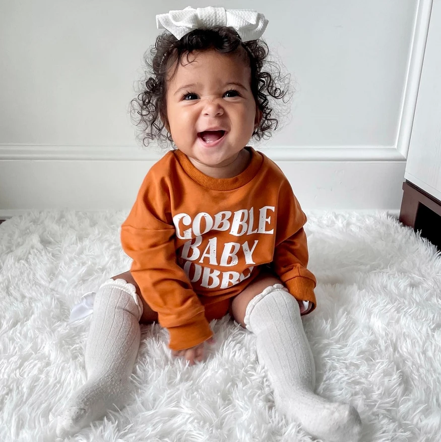 Baby Thanksgiving Sweatshirt Romper Letter Embroidery Round Neck Long Sleeve Bubble Bodysuits Fall Jumpsuit Costume