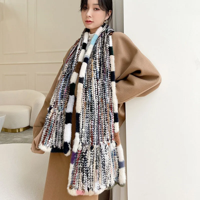 New Colorful Mink Woven Scarf Thickened Women's Shawl Warm Fish Tail Elegant Fur Fashionable Design Scarf