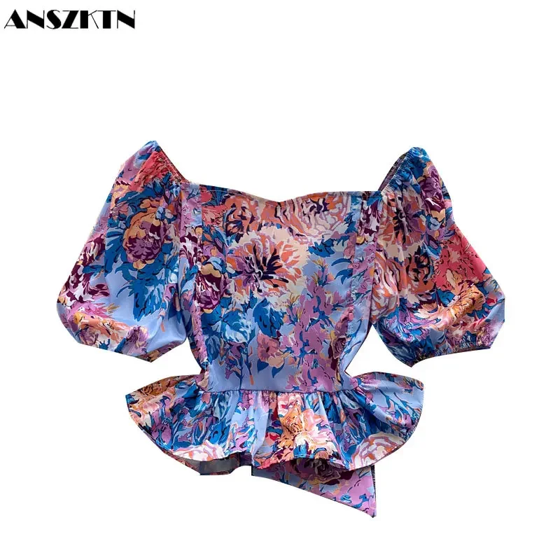 ANSZKTN Summer New Fashion Vacation Square Collar Backless Women Crop Puff Sleeve T-Shirt Printing Machine