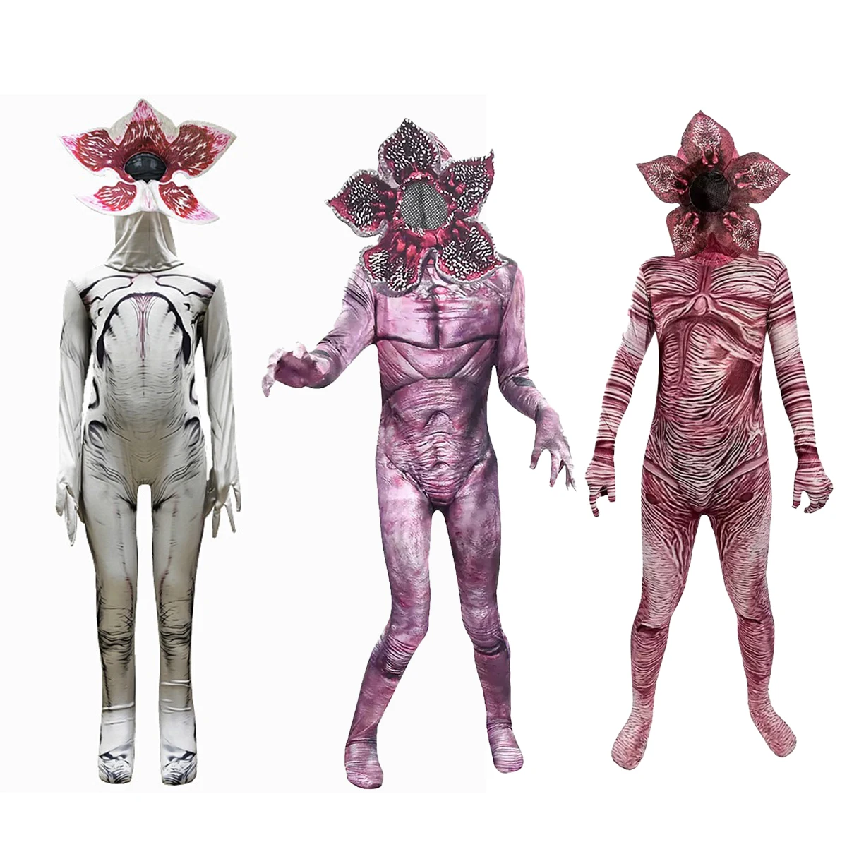 Demogorgon Monster Cosplay Jumpsuit, Kids Adults Scary Horror Costume with Flower Mask Halloween Party Fancy Outfit