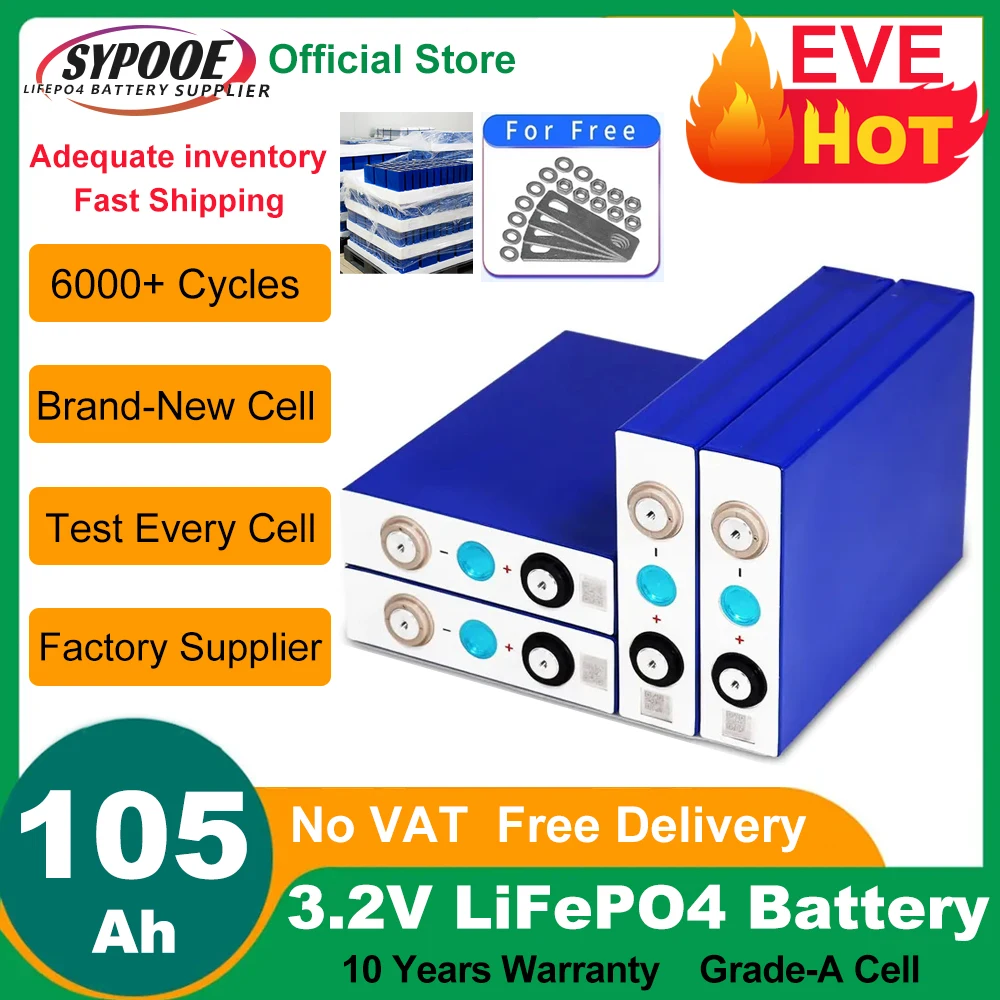 3.2V 105Ah LiFePO4 Battery Cell with QR Code Grade-A 6000+ Cycles Full Capaticy DIY 12V 24V 48V LiFePO4 Battery with Screws