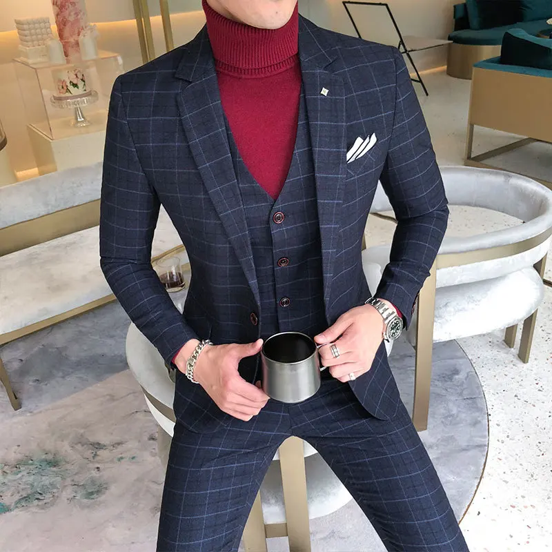 Luxury Men Slim Fit Check Suit Men Business Office Formal Suits 3 Pcs Set Blazers Pant Casual Wedding Social Tuxedo Dress Homme