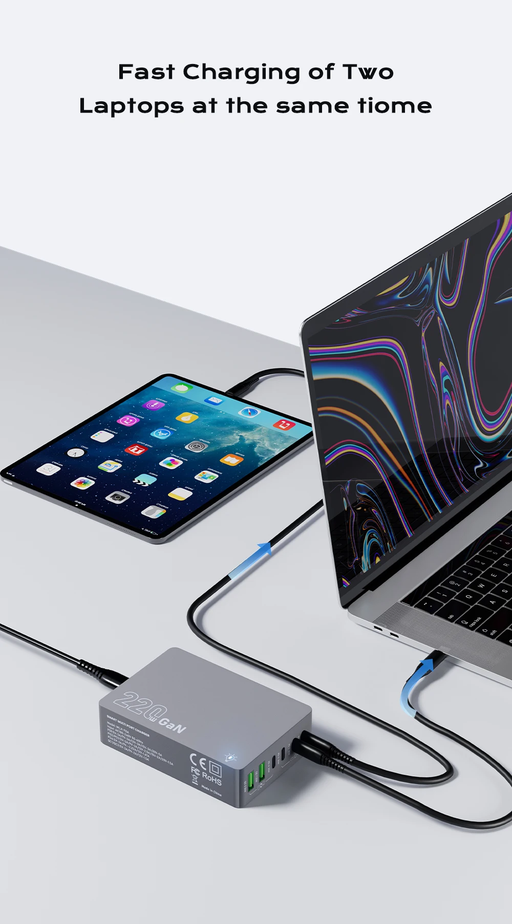 220 W GaN Desktop-Ladegerät 6-Ports PD 100 W USB Typ C QC 3.0 Schnellladestation für IPhone 16 Pro Tablet MacBook Samsung Laptop – Detail 4