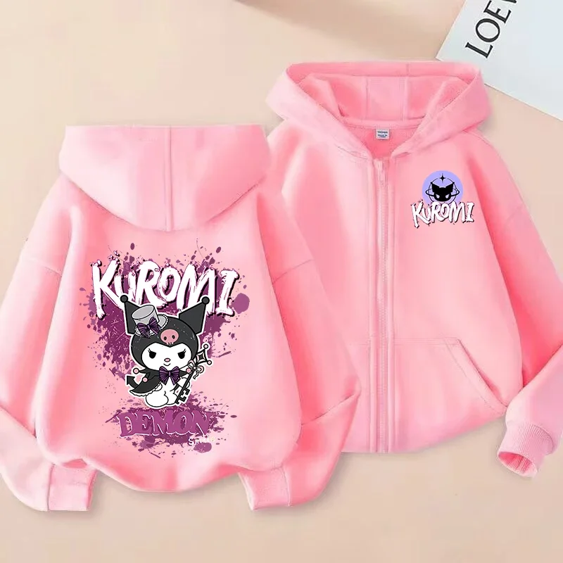 New 2024 Girls Hello Kitty Kurom Jacket Zipper Sweater Coat Spring Autumn Children Hoodie Outerwear Kids Cotton Clothes 2-12year