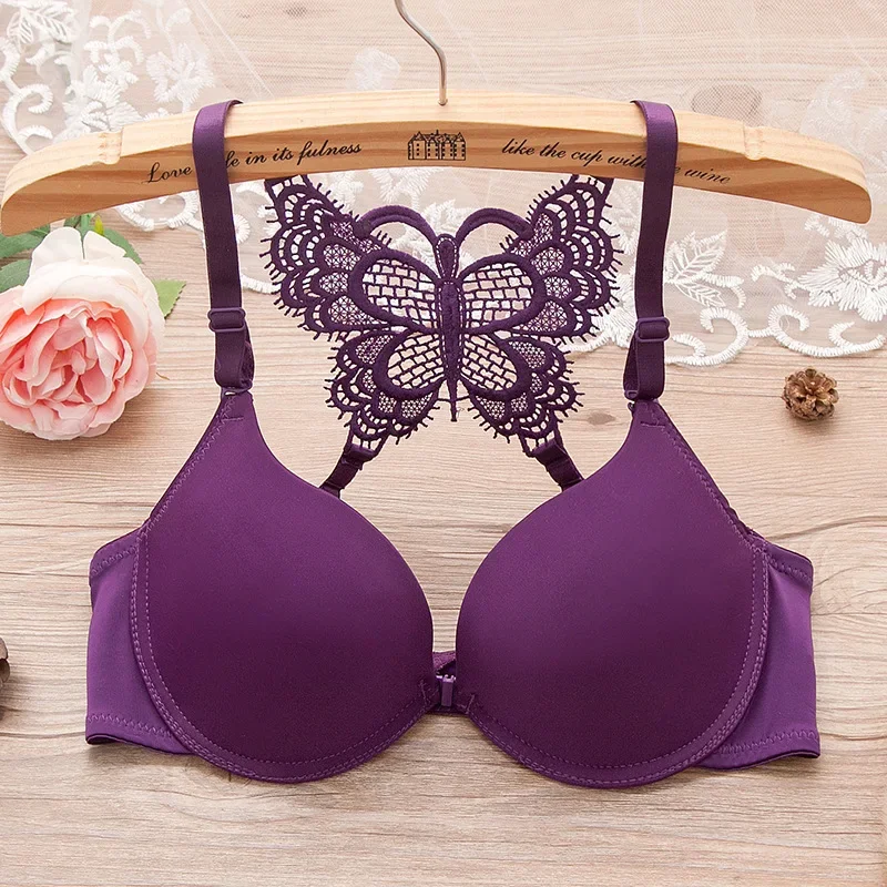 Hikigawa Underwear Women Bra Front Buckle Y-Shape Back Sexy  Bracier De Mujer Push Up Back Lace Bra With Underwire A B Cup