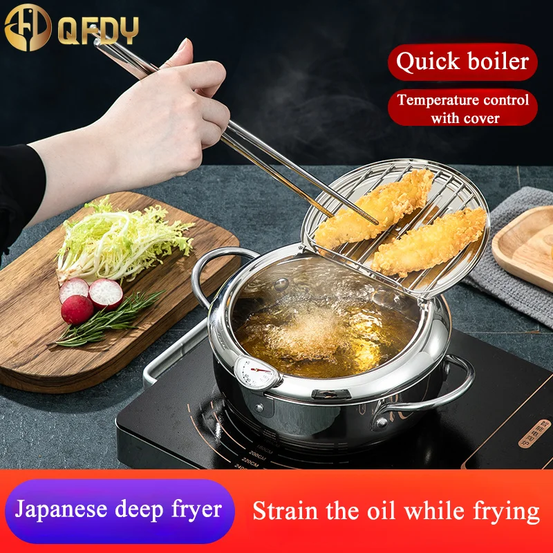 

20 /24 /28cm Japanese Deep Frying Pot with a Thermometer and a Lid 304 Stainless Steel Kitchen Tempura Fryer Pan