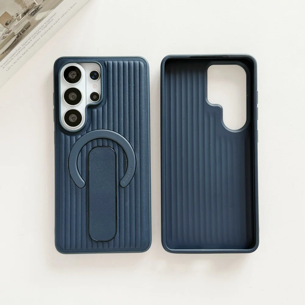 Corrugated Magnetic Stand Holder Phone Case for Samsung Galaxy S26Ultra S25 S24 Plus Veneer Leather For Magsafe Shockproof Cover