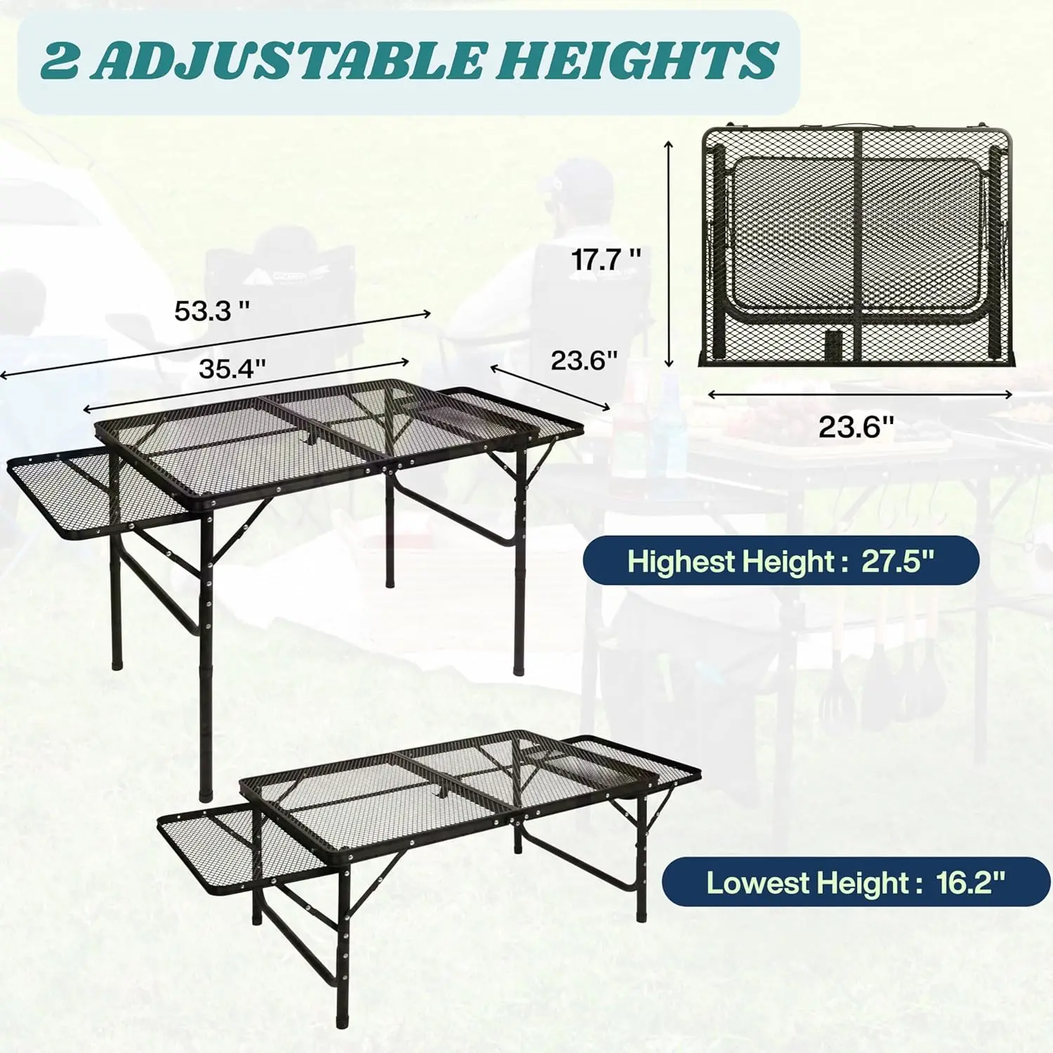 Folding Table w/ Carry Bag, Paper Towel Holder, Garbage Holder, Wing Panels,for Portable Grill, Picnic, Outdoor, Beach, Small Folding Table Adjustable Height,Camping Table, BBQ