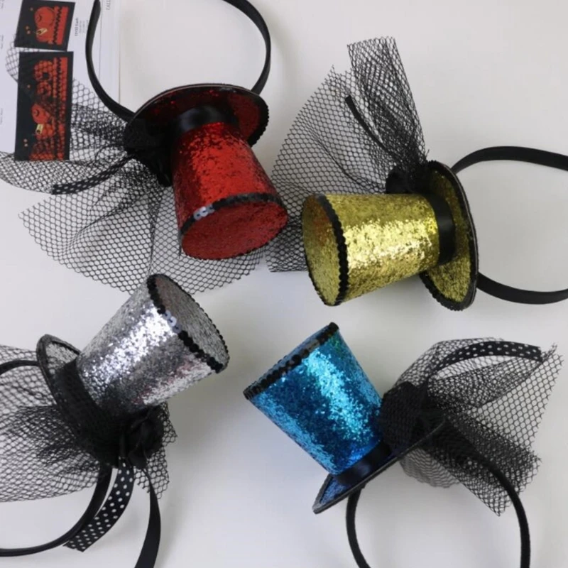 Kids Vintage Fascinator Top Hat Hair Hoop with Veil Glitter Pillbox Hat Hairband for Child Festival Halloween Party Stage Props