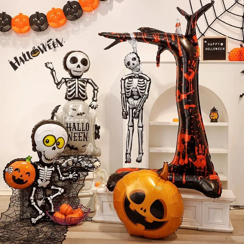 Halloween Riesiges Kürbis Skelett Stehender Ballon Haus Hexe Toter Baum Aufblasbarer Folienballon Halloween Party Dekoration Zubehör