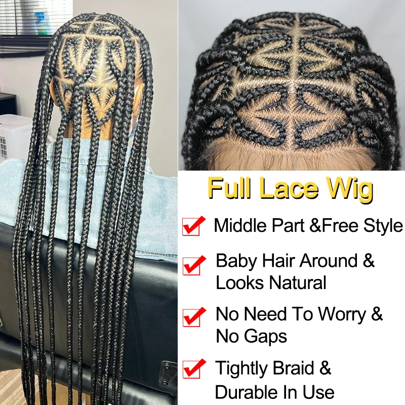 Queendom Synthetic Jumbo Knotless Full Lace Braid Wig 36 Inch Knotless Heart Braided Wig Cornrow Plait Braids Wig for Afro Women