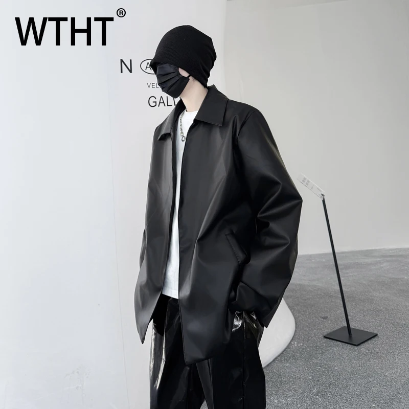 

WTHT Fashion Men's Solid Color Leather Loose Coats Trendy Turn Down Collar Long Sleeves Jackets Male 2025 Autumn 2A2459