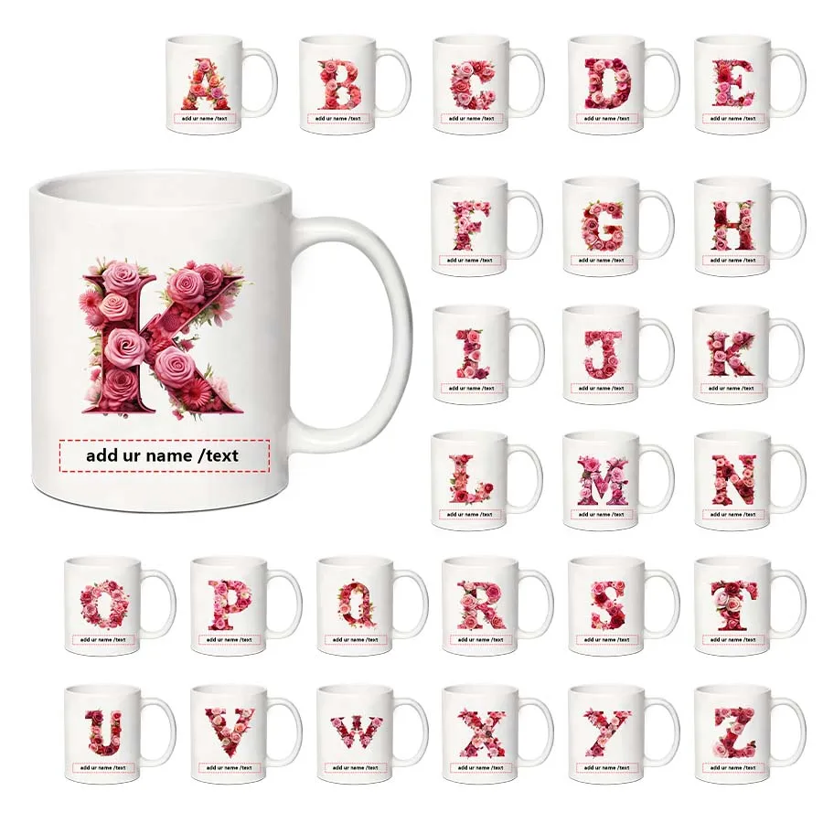 11oz Custom Names Festive Coffee Tumblers with Handgrip 3D Print white Rose Letters Hot Chocolate Party Mugs Design Favor