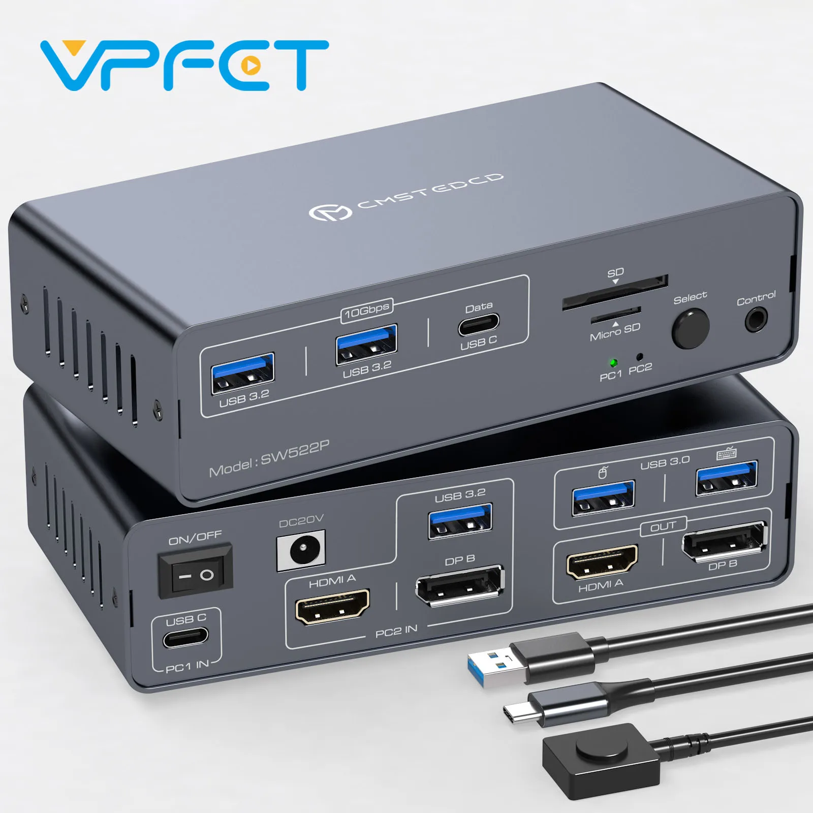 

KVM-переключатель, 2 монитора, 2 ПК, док-станция USB C с устройством HDMI 4K при 60 Гц DP 4K при 120 Гц USB 3.2 Поддержка зарядки до PD 100 Вт