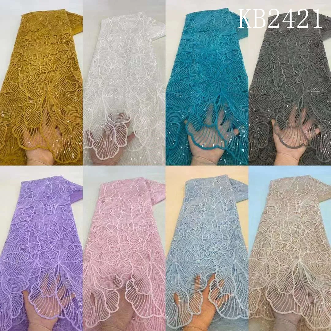 New Africa Sequins Tulle Lace Fabric High Quality Nigerian Party Lace Fabric 2024 Sequins French Mesh For Wedding Sewing KB2421