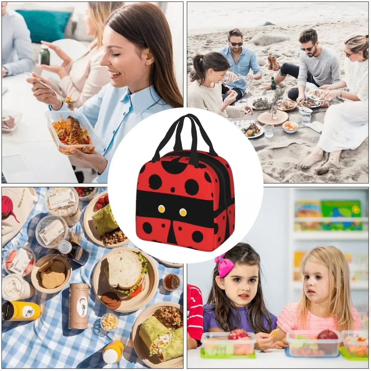 1 Pcs Fresh Cooler Bag Lunch Box Women Convenient Lunch Bag Waterproof Kawaii Ladybug Pattern Food Bag For Work Keep Warm