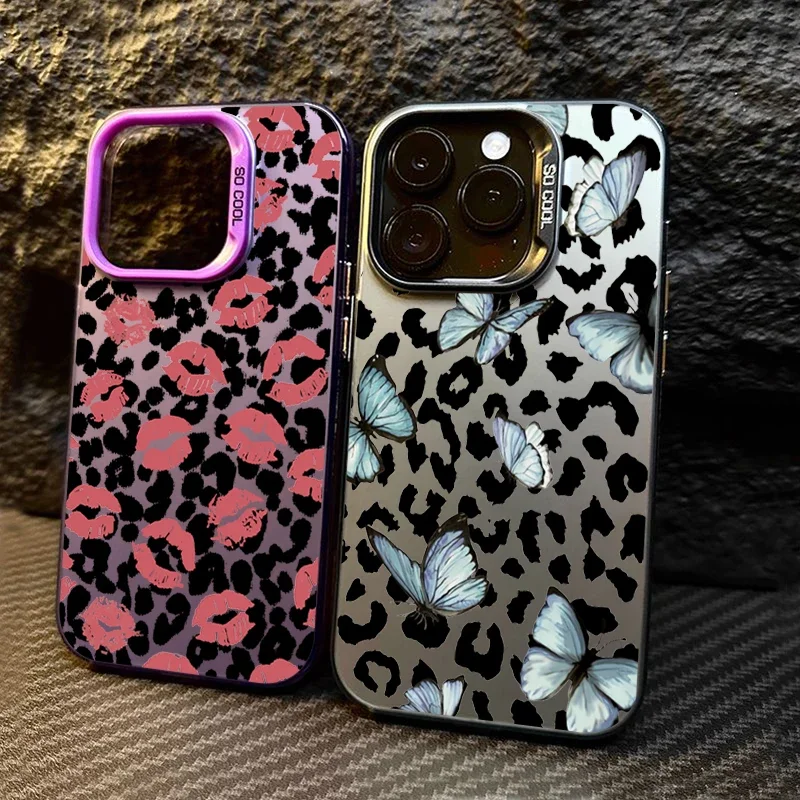 Серебристый чехол IMD с гальваническим покрытием Butterfly Lips Leopard для iPhone 16, 15 Pro Max 14, 13, 12, 11, 7, 8 Plus X XS XR, противоударный чехол