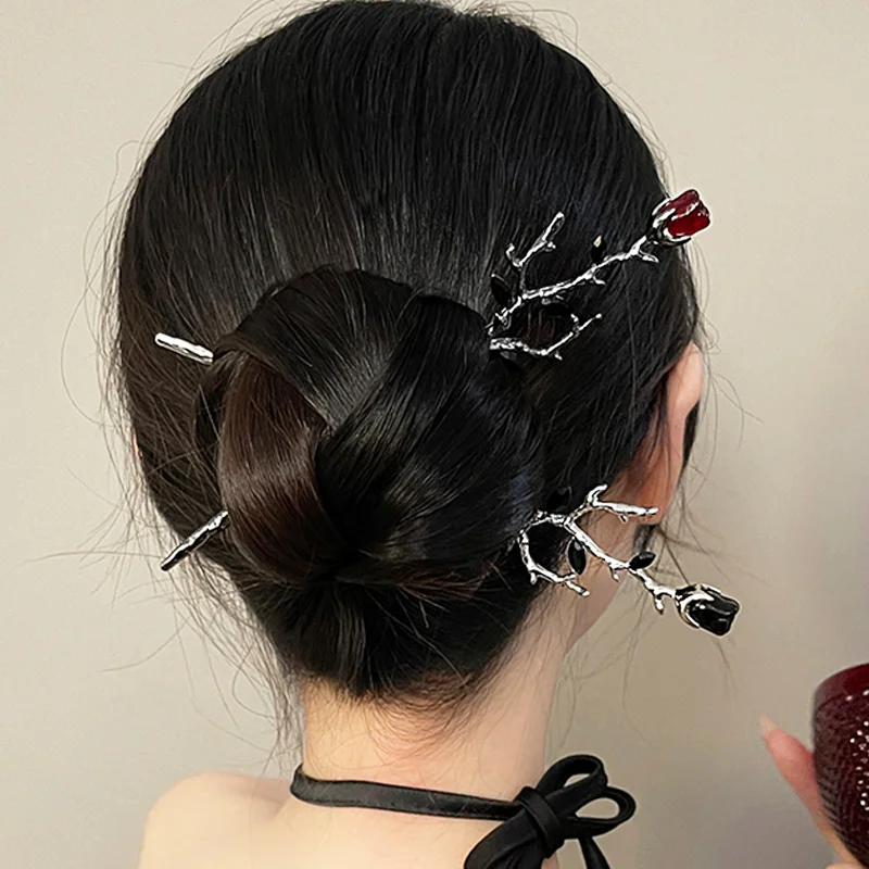 Chinese Style Metal Rose Hair Sticks Sword Headband Simple Rose Flower Hair Stick for Women Hair Clip Hairstyle Tool Accessories