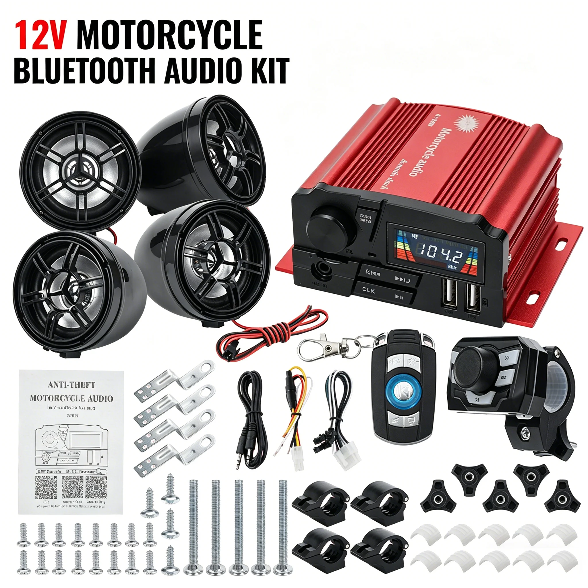 

12V Universal Motorcycle Audio 4-Channel System With Color Screen 100W TF USB MP3 Anti-theft Alarm Wireless Control APP Control