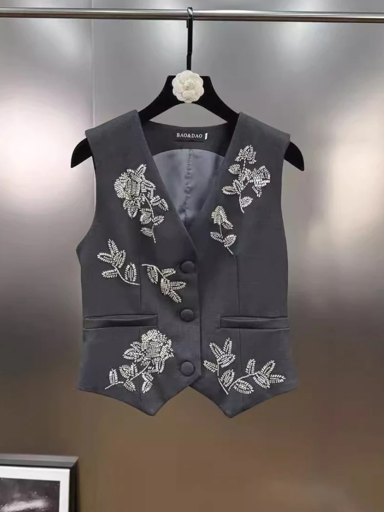 French Trend Retro Flower 3D Beading Dark Gray Suit Vest Slim Fit Sleeveless Jackets V-neck Elegant Vest Office Lady Aesthetic
