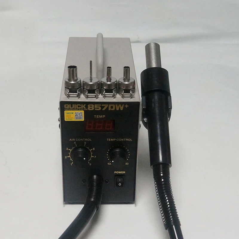 QUICK 857DW+ Bga Rework Station Adjustable Hot Air Gun Station with Heater Helical Wind Air Gun SMD Soldering Station 850W