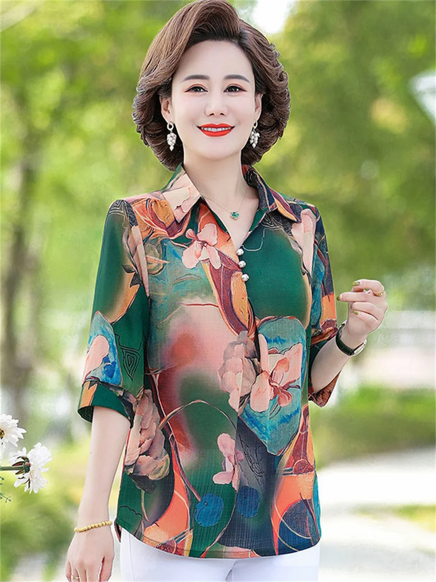 

5XL Women Spring Summer Blouses Shirts Lady Fashion Casual Short Sleeve Turn-down Flower Printing Blusas Tops TT2121