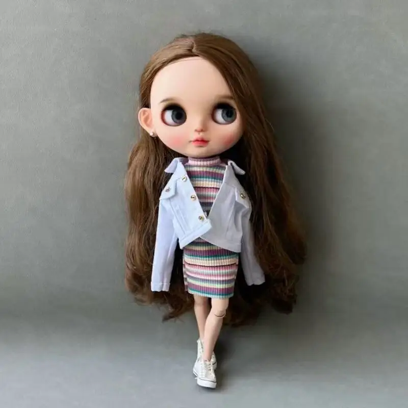 

30cm Blyth Doll Clothe Accessories Fashion Casual White Jacket + Rainbow-striped Dress Set For 19-joint Blyth Doll OB24 Babi