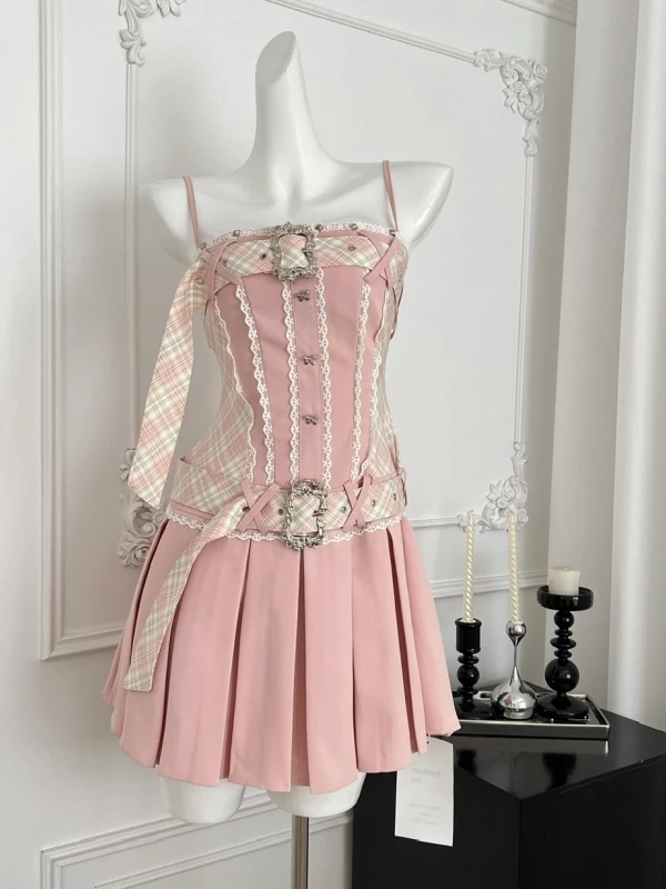 

Sexy Spicy Girl Summer New Arrival Pink Strapl Bustier Pleated Dr High Waist ort Skirt No Sve Ins Sle Women's Dr