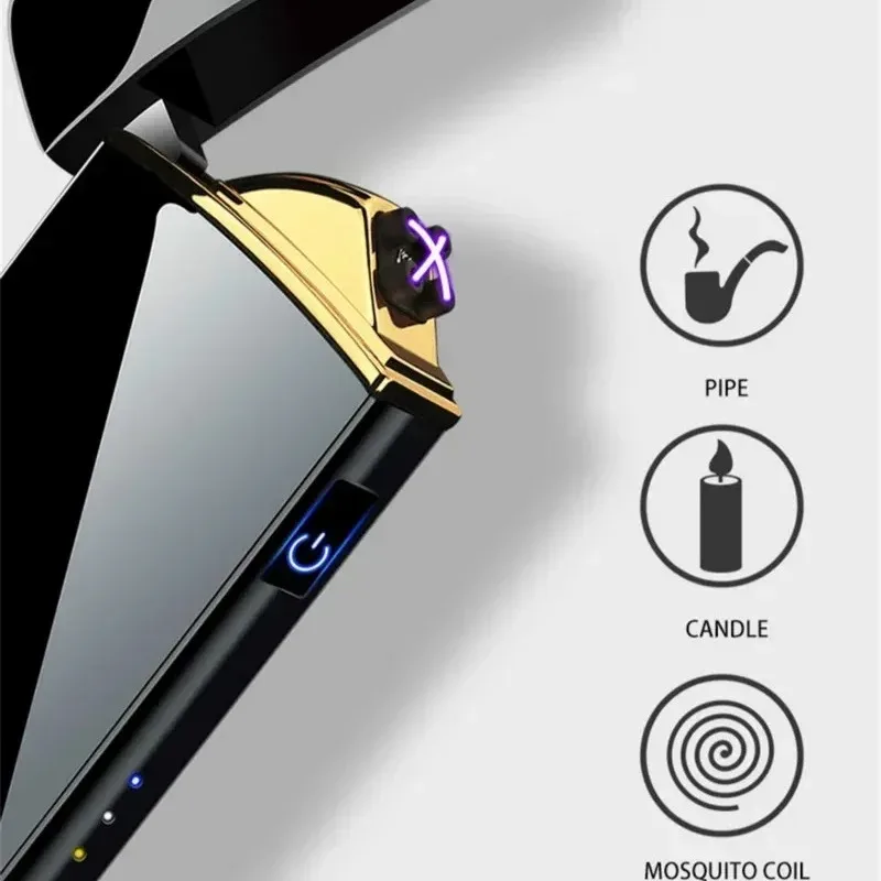 2027 New Windproof Electric Metal Lighter Double Arc Flameless Plasma Lighter USB Rechargeable LED Power Display Touch Sensor