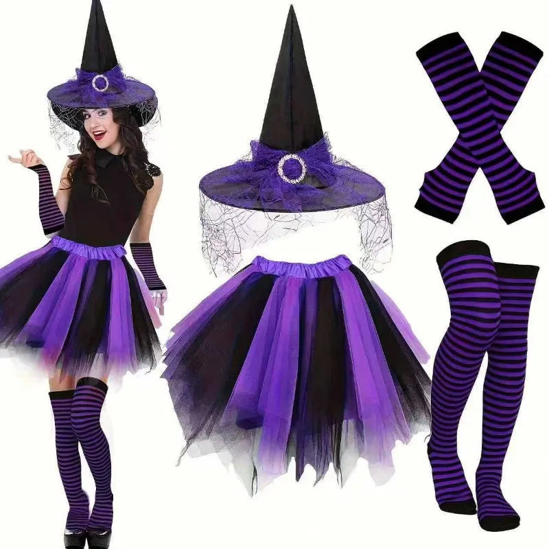 

4pcs/set Halloween Witch Costume Set with Tutu Dress Striped Stockings Anti-Slip Hat Polyester Party Outfit for Women
