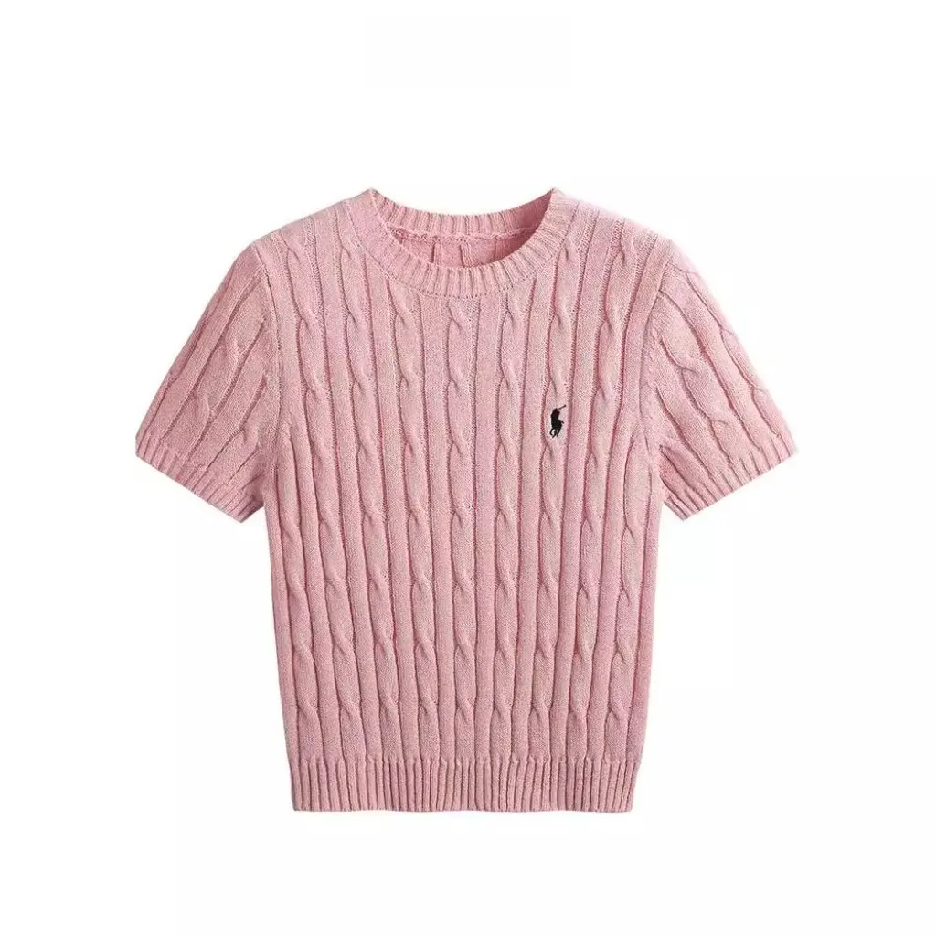 

Women's Short Sleeve Knitted Top Round Neck Embroidered Horse Twist Base Shirt College Style Slim Fit JZZ