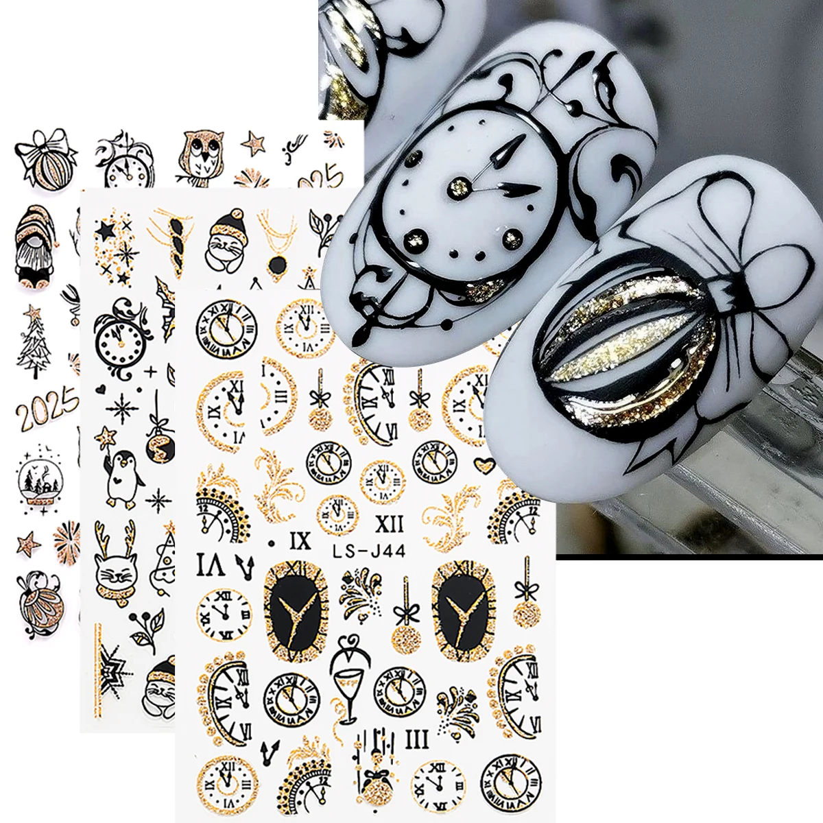 Black Gold Christmas Nail Art Sticker Vintage Winter Nail Decals Clock Elk Snowman Christmas Tree DIY Manicure Decorations