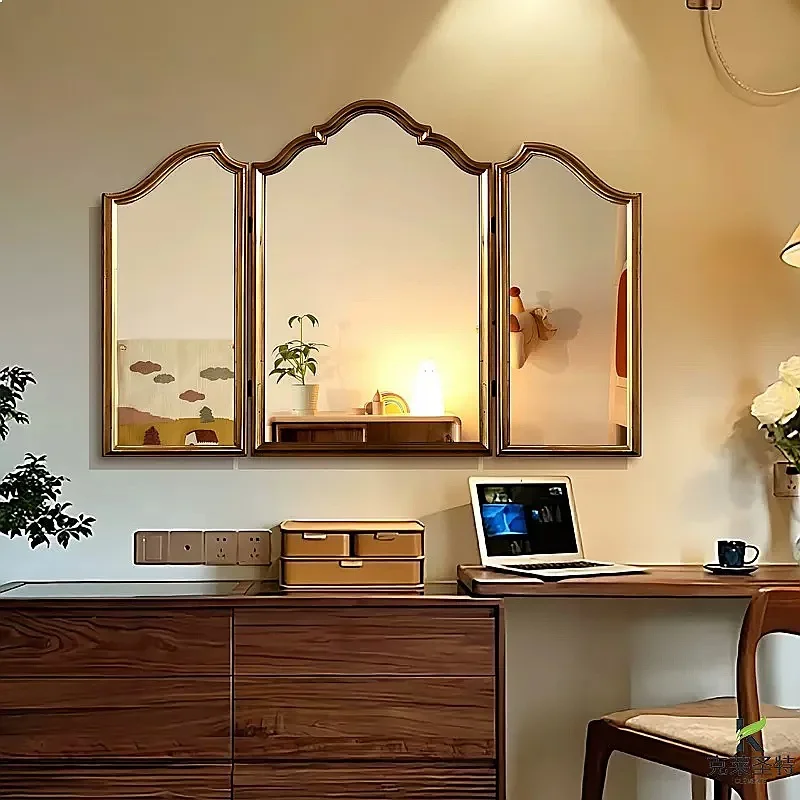 ZL French Retro 3-Way Folding Bathroom Mirror, Vanity Makeup Mirror for Bedroom, Dressing Table Mirror