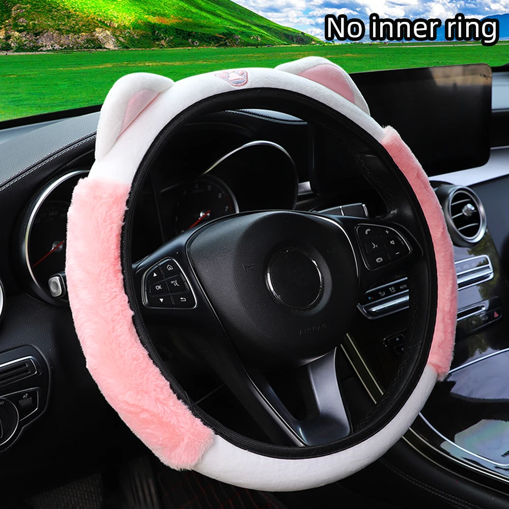 Cute Cat Ears Steering Wheel Cover Soft Plush Winter Warm Hand Car Accessory without Inner Ring Suitable for 14.5-15 Inch Wheels