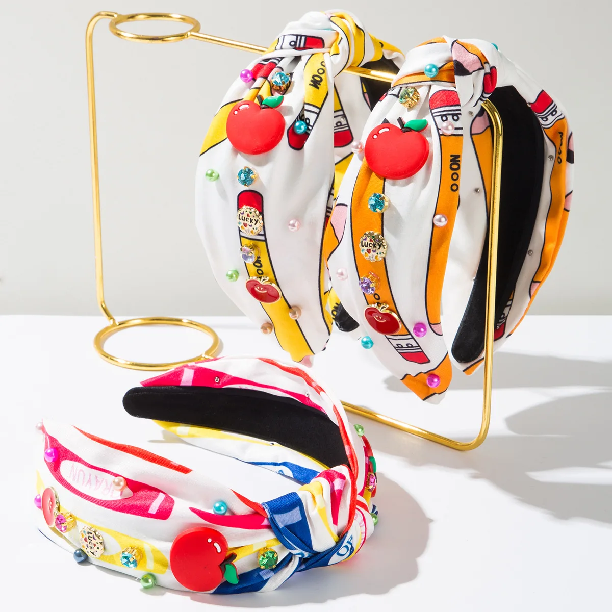 Fashion School Season Printed Fabric Headband Diamond Pearl Red Apple Accessories Headband Youth Beautiful College Hair Accessor
