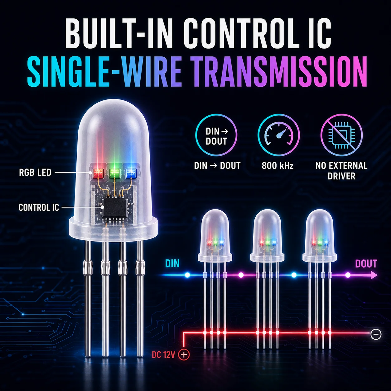 12V Addressable RGB LED YF923-F5 F5 5mm Diffused Built-in IC 1-Wire Cascade 8bit 256 Gray 16.7M Colors 4Pin DIP for Pixel Decor