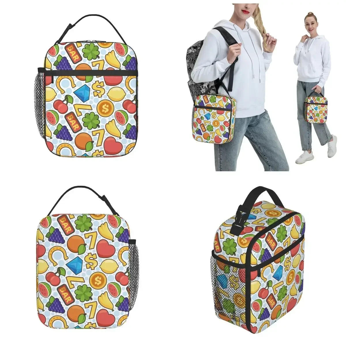 

777 Heart Fruits Coins Thermal Insulated Lunch Bags Lucky of Jackpot Winners Garish Lunch Boxes