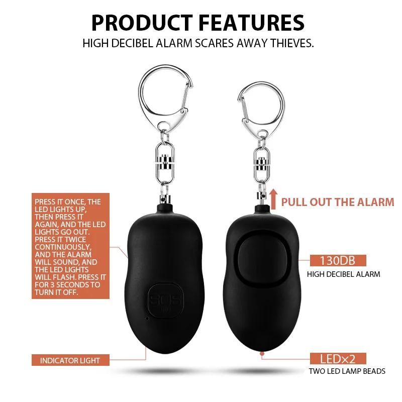 자체 알람 SOS 알람 개인 안전 알람, 충전식 보안 패닉 단추 LED 조명 키체인, 야간 여성 노인용, 130DB