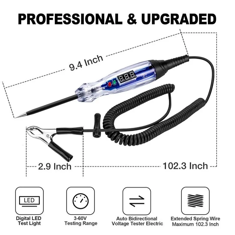 Automotive Test Light 3-60V DC Digital LED Circuit Tester Heavy Duty Light Tester with Voltmeter