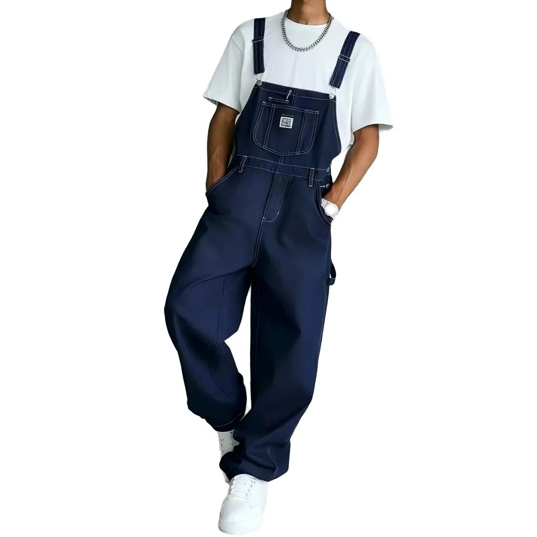 High-quality blue washed multi-pocket denim cargo pants with adjustable shoulder straps, perfect for casual wear in all seasons.