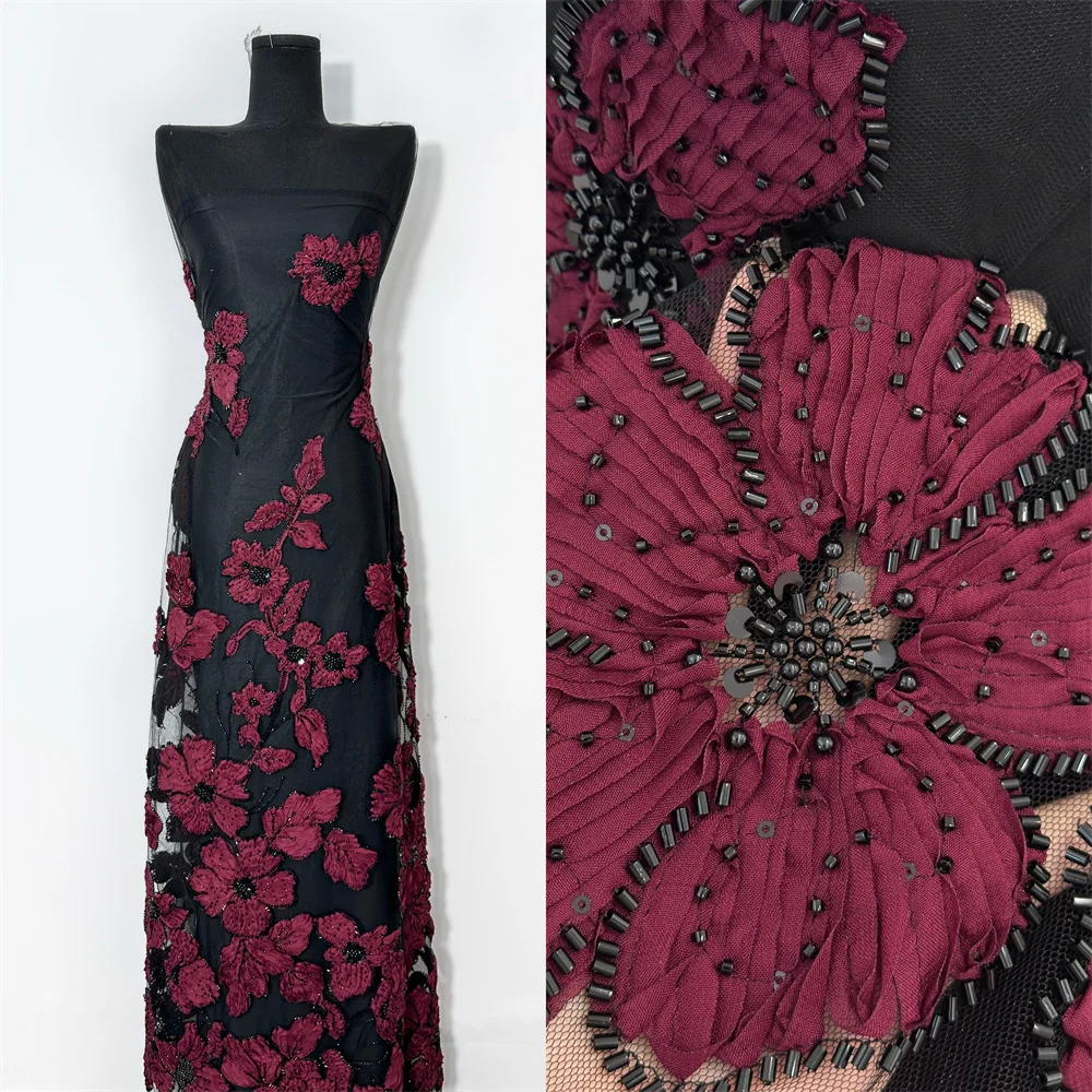 

Beaded Fabrics Lace with 3d Flower Luxury Lace High Quality Beaded Fabrics 2025 Wine Dress Embroidered Fabric
