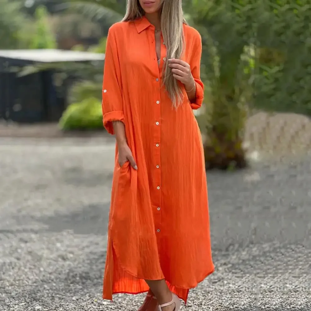 면 린넨 셔츠 드레스 여성 롱 라펠 셔츠 드레스 셔츠 타입 턴다운 칼라 루즈 맥시 드레스 여름 비치 파티 드레스
