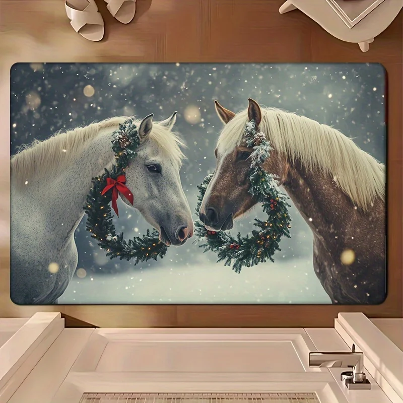 Premium Cute Christmas Horse Pair Doormat Winter Equestrian Animal Welcome Mat Holiday Seasonal Entry Rug Decoration