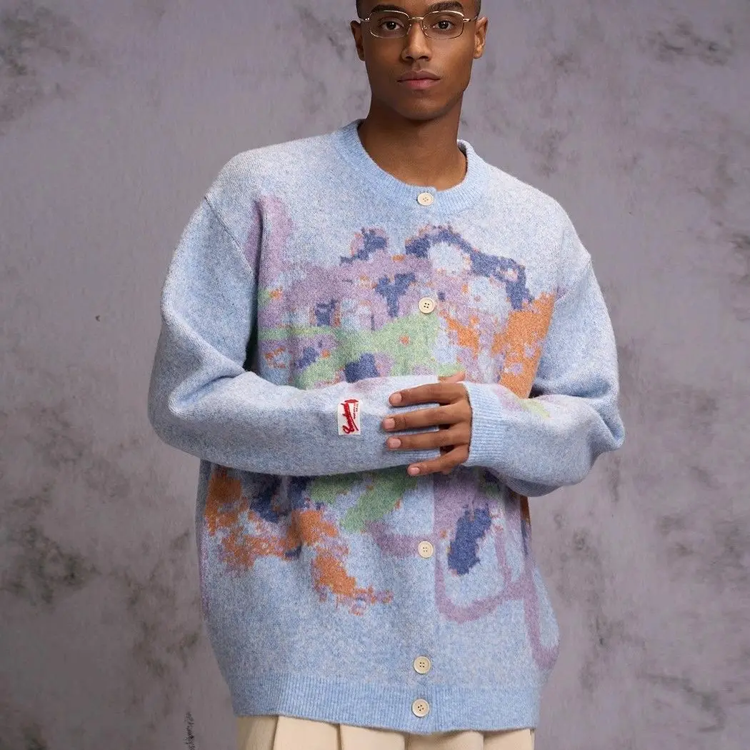 Crayon Graffiti Sweater Round Neck Cardigan Women Men Couple Colorful Tops  Autumn New Sweet Cute Loose Casual Outerwear