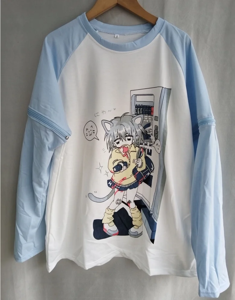 Y2k Aesthetic Detachable Sleeve T-shirt Women Kawaii Cat Print Grunge Tops Japanese Harajuku Tshirt Fairycore E-girl Streetwear