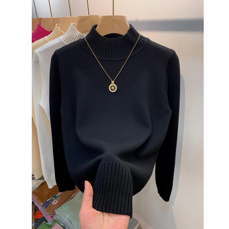 Casual Basic Sweater Women Solid Mock Neck Knitted Pullover Oversized Long Sleeve Knitwear Top All Match Autumn Winter Jumper