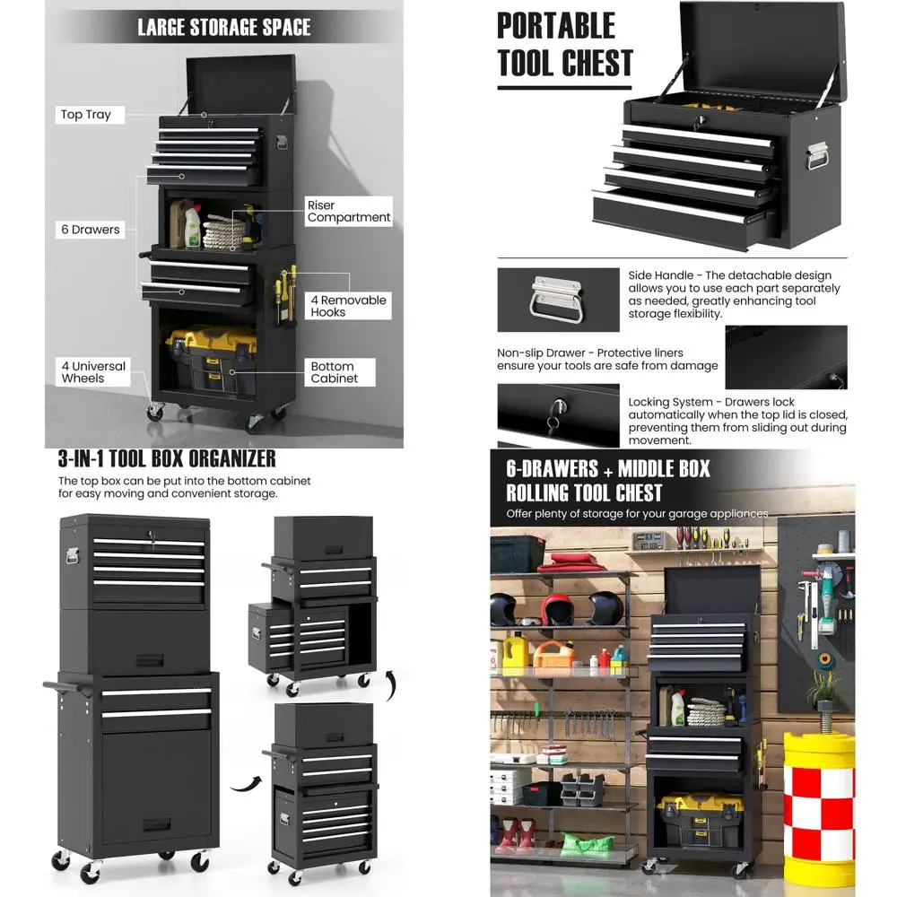 

2-in-1 Rolling Tool Chest with Detachable Top, Adjustable Shelves, Lockable Wheels, and 6 Drawers - Black