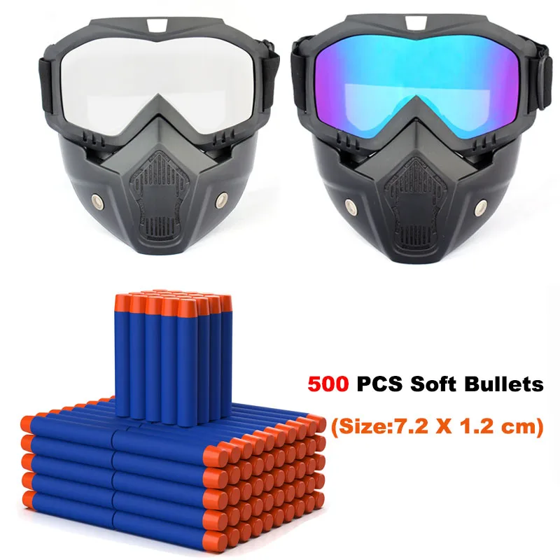 500 Pcs Bullets with Tactical Full Face Goggles Mask for Nerf N-Elite Series Kids Water Ball Paintball Toys Guns Shooting Games