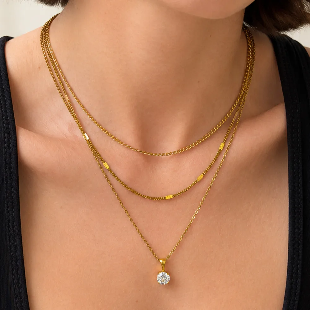 

Ingemark 3Pcs/Set Luxury Stainless Steel CZ Zircon Pendant Necklaces for Women Elegant Stackable 18K Gold-Plated Clavicle Chain