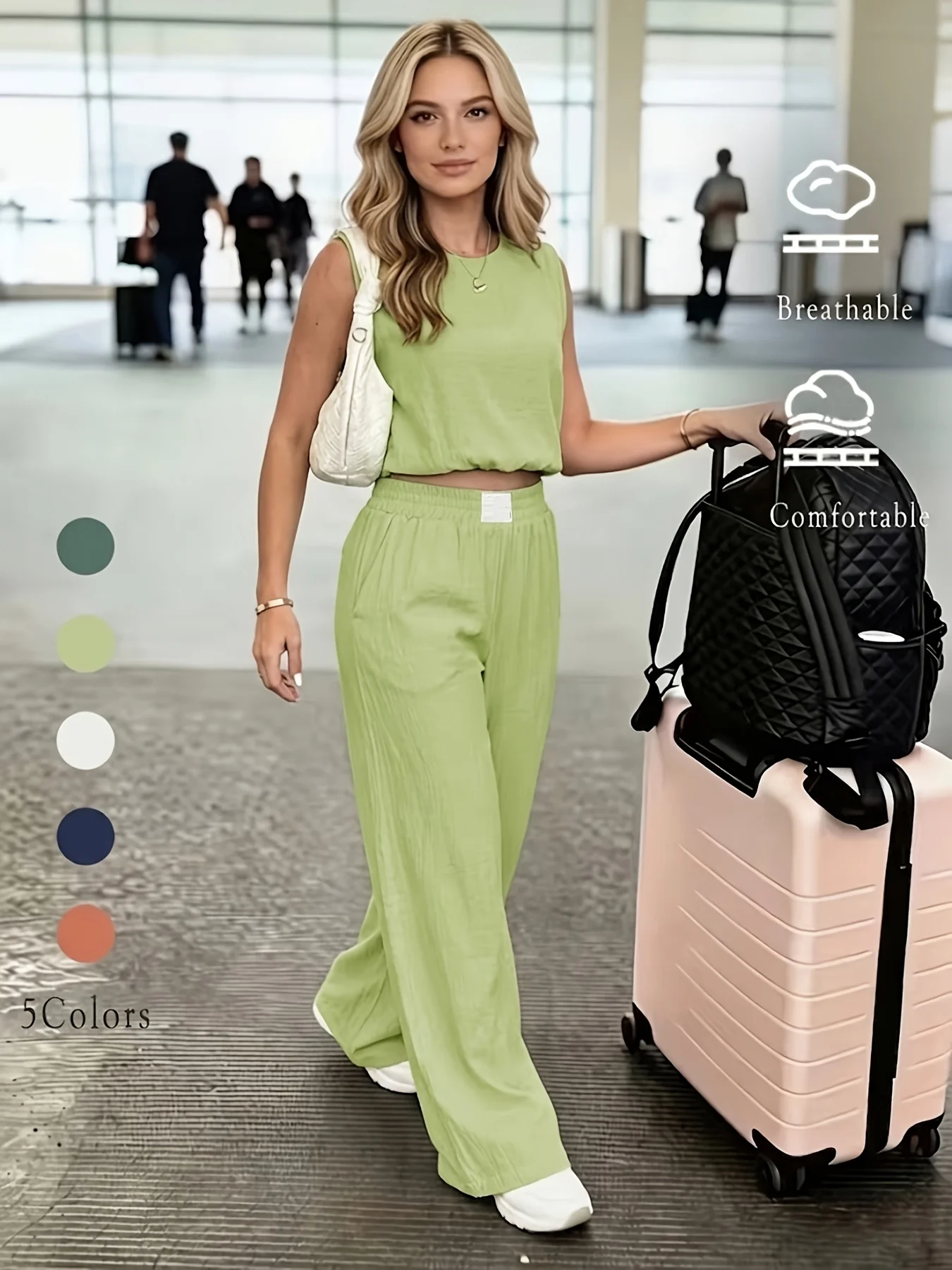 Women Summer Fall Casual 2pcs Outfit Sleeveless Crop Top & Wide Leg Pants Matching Lounge Set Travel Work Office Loungewear Versatile Wear for Any Occasion